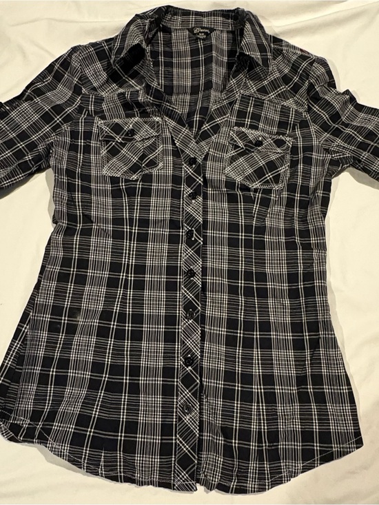 Guess Tops - Guess Women’s Black Plaid Long Sleeve Button Down Size:Small